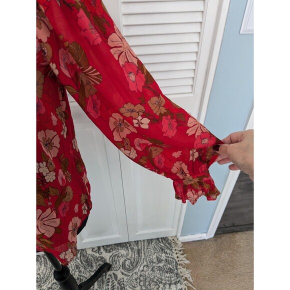 Zara Blouse Womens sz M Red Floral Print Ruffle Sheer Romantic Boho Chic Peasant - Picture 5 of 15